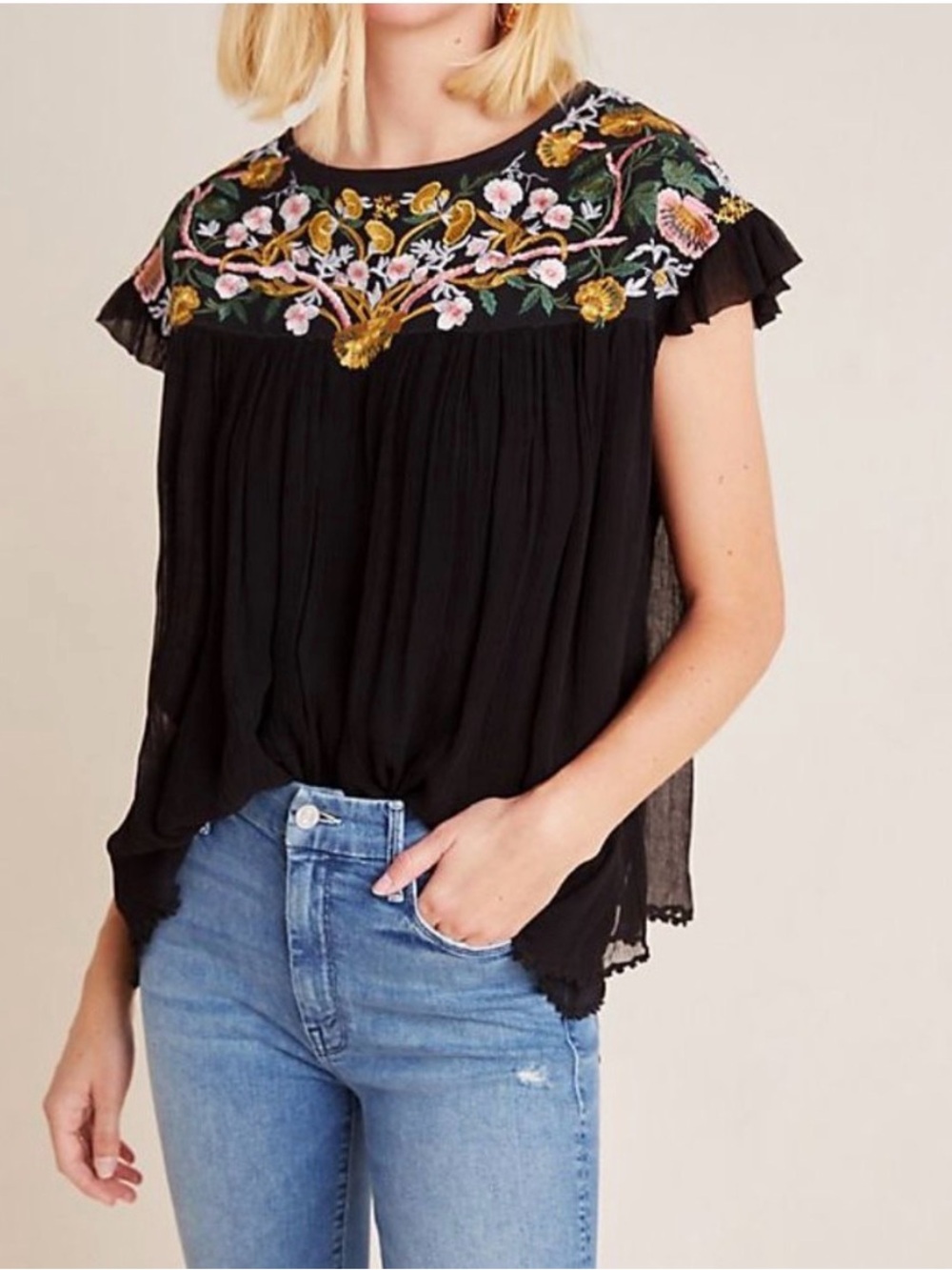 Anthropologie Seen Worn Kept Bethany Black Embroidered Flowy Blouse Size Medium